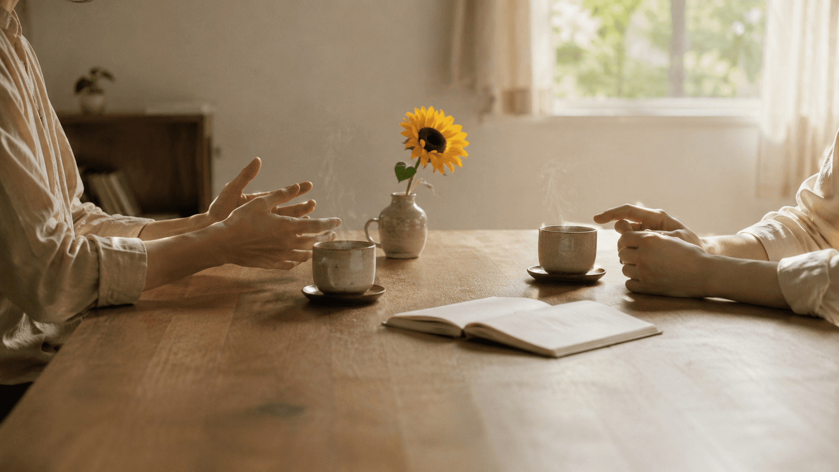 テーブル越しにお茶を挟んで語らう手元