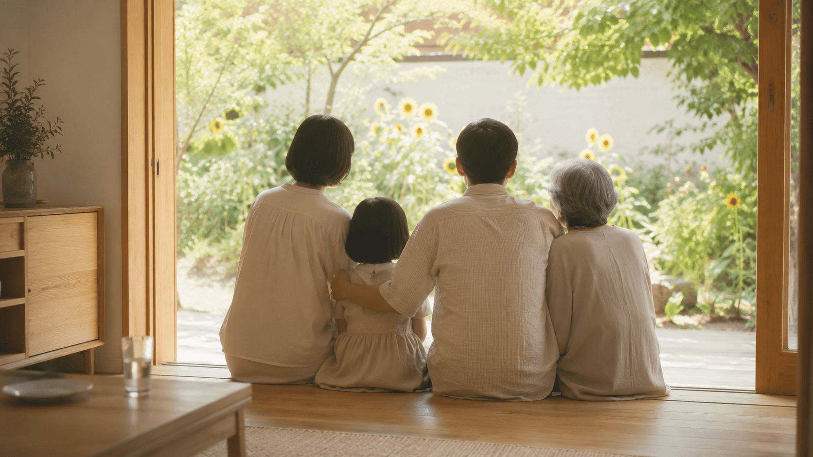 縁側で三世代がやわらかな光のなか語らう家族